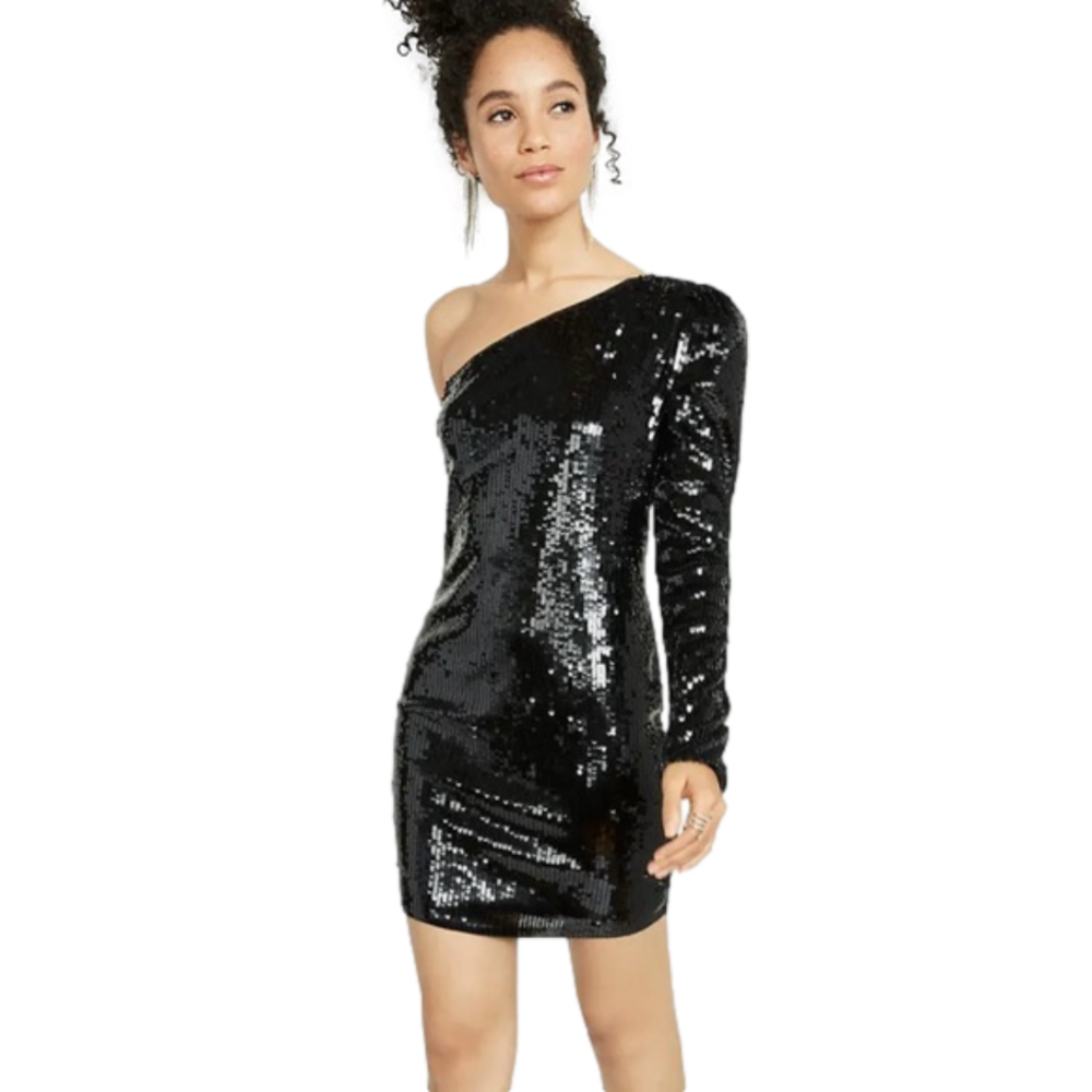 EXPRESS BLACK ONE SHOULDER SEQUIN SHIFT DRESS SZ 8